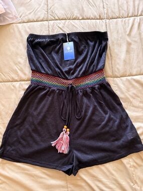 Cupshe Black Strapless Romper with Rainbow Smocked Waistband